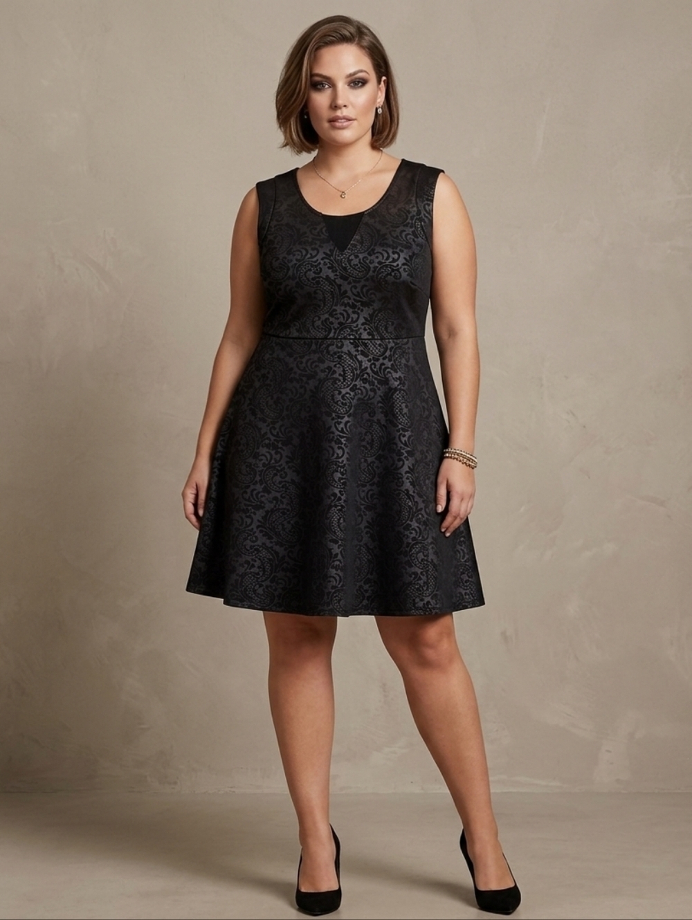 New Noir Fit & Flare Evening Dress Sleeveless Mesh Detail